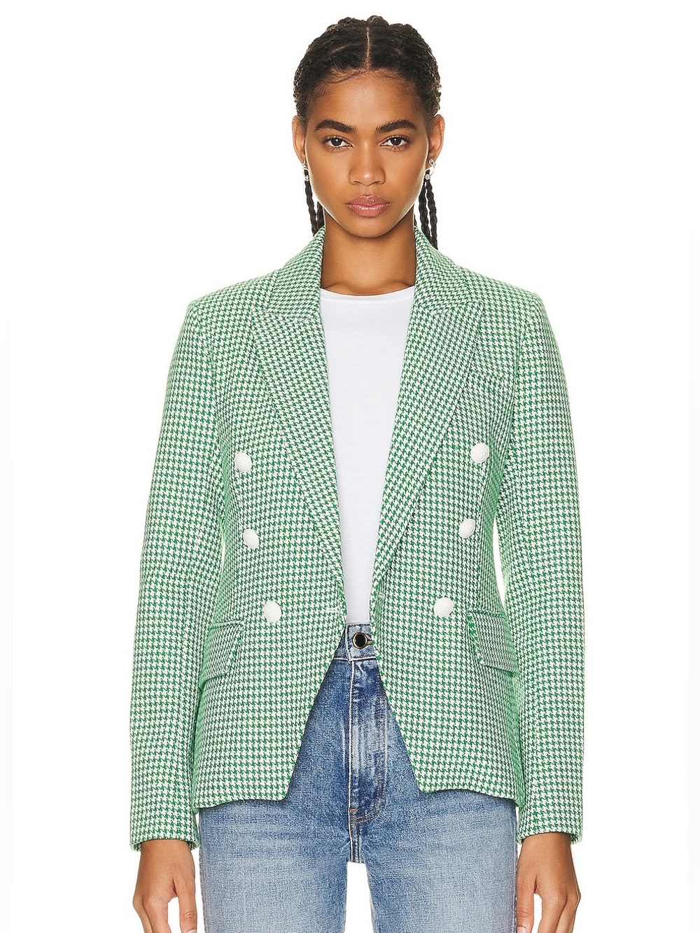 L’AGENCE Green and White Houndstooth Kenzie Double Breasted Blazer